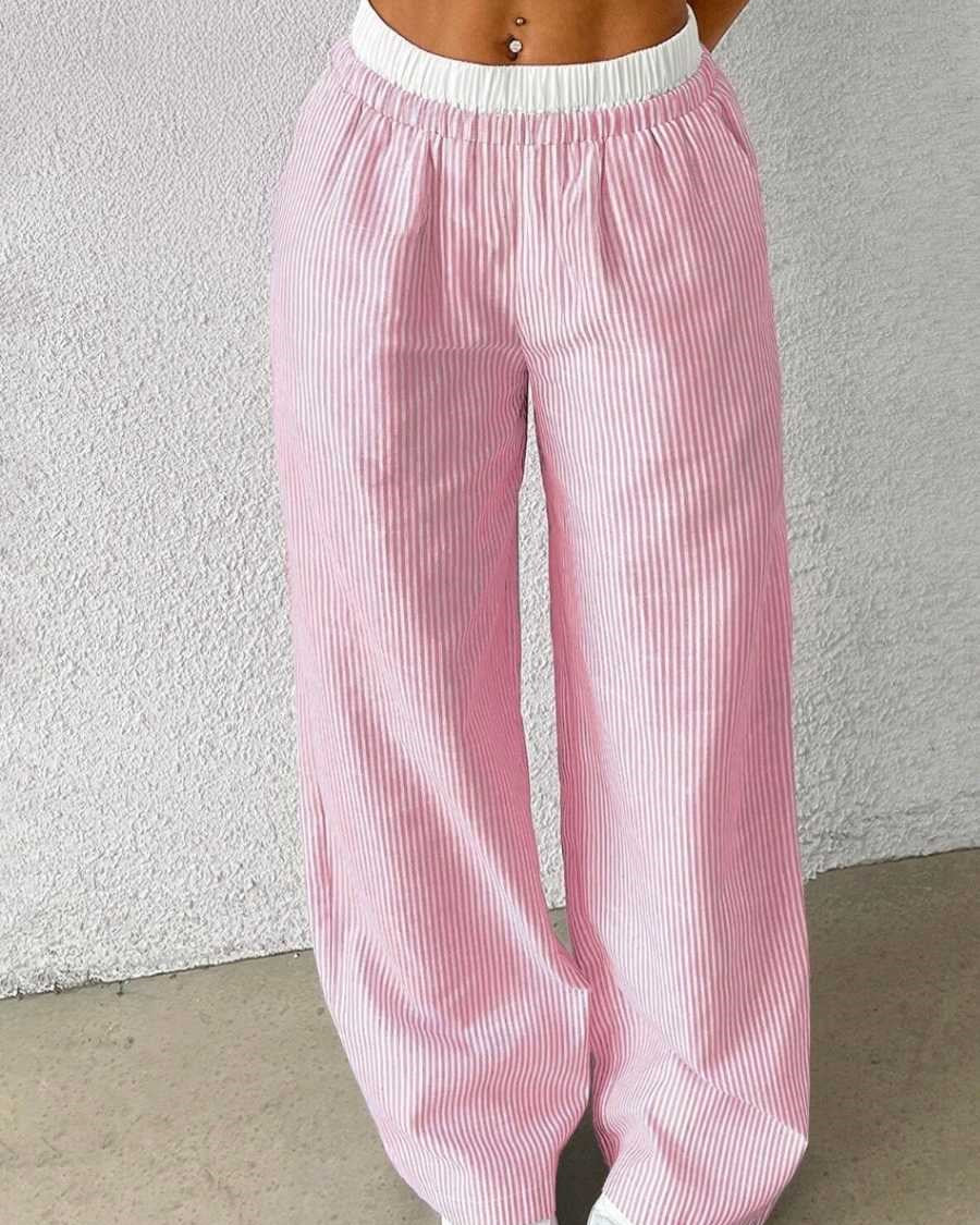 Kadın Pembe Çizgili Poplin Dokuma Pantolon – Yüksek Bel Lastikli Bol Paça Rahat Model