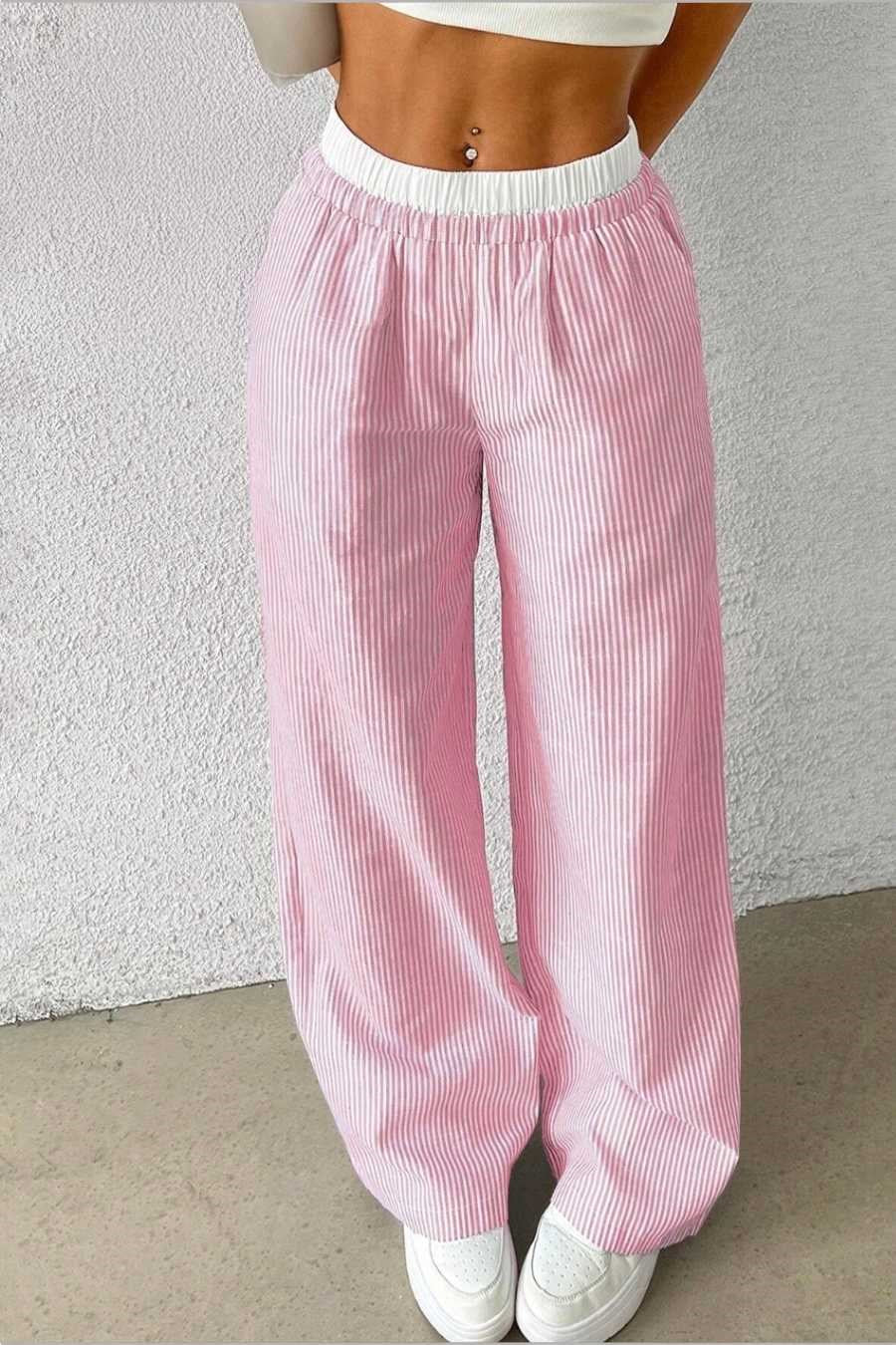 Kadın Pembe Çizgili Poplin Dokuma Pantolon – Yüksek Bel Lastikli Bol Paça Rahat Model