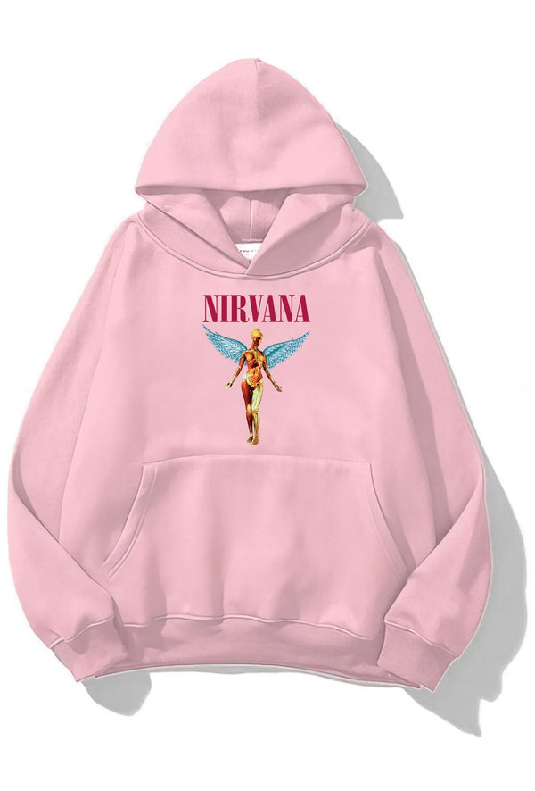 Kapüşonlu İçi Polar Nirvana Angel Baskılı Pembe Unisex Hoodie Sweatshirt