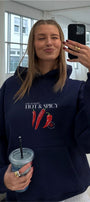 Kadın Oversize Sweatshirt Hoodie Hot & Spicy Baskılı Lacivert – Kapüşonlu, 3 İplik Şardonlu Polar