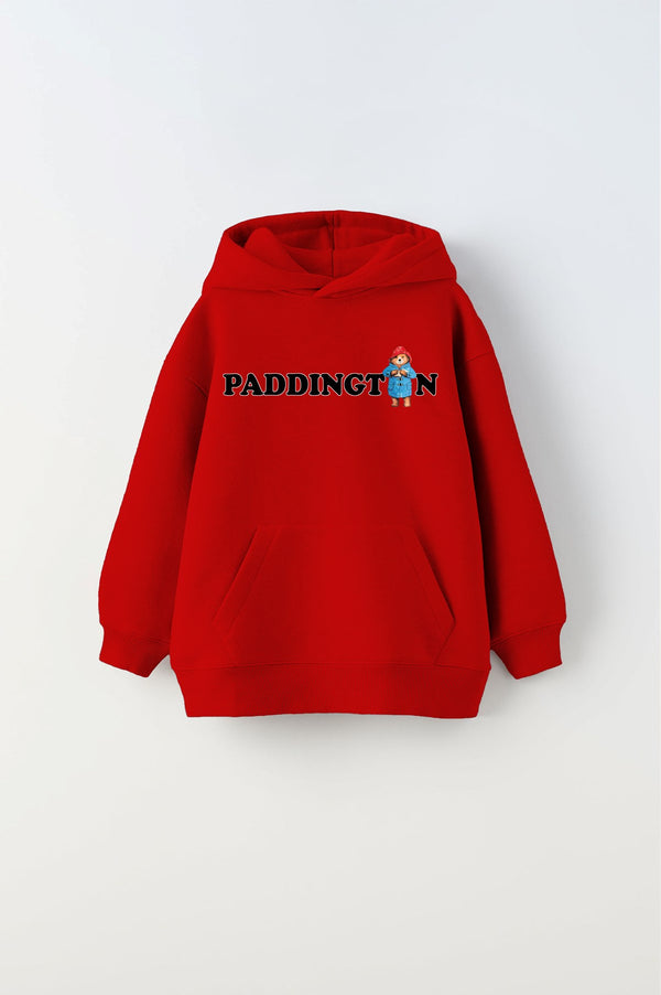 Kapüşonlu İçi Polar Paddington Yazılı Ayı Figür Baskılı Kırmızı Unisex Çocuk Hoodie Sweatshirt