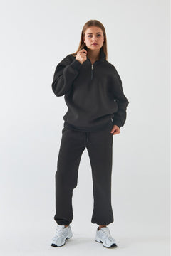 Unisex Oversize Eşofman Takımı Basic Füme – Fermuarlı Dik Yaka, Lastikli Paça, 3 İplik Polar