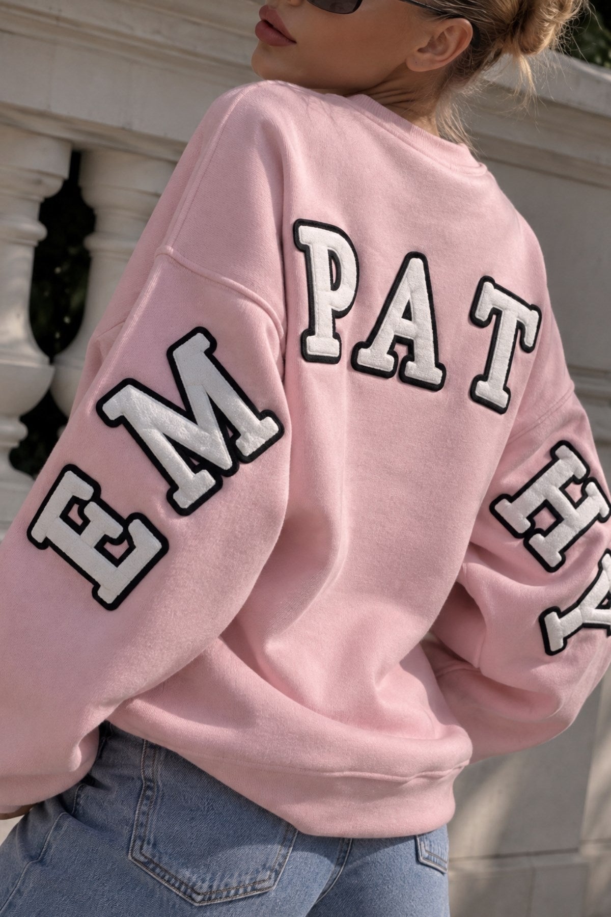 Kadın Oversize Sweatshirt Empathy 3D Baskılı Pembe – Bisiklet Yaka, 3 İplik Şardonlu Polar
