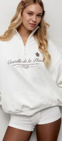 Kadın Beyaz Yarım Fermuarlı Oversize Sweatshirt – Castelló de la Plana Baskılı, Modern Şehir Stili