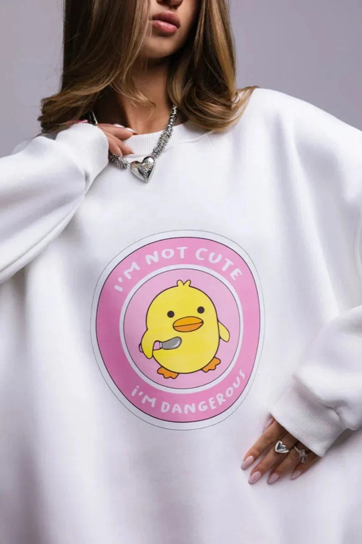 Kadın Oversize Sweatshirt Elbise Cute Ördek Baskılı Beyaz – Bisiklet Yaka, 3 İplik Şardonlu Polar