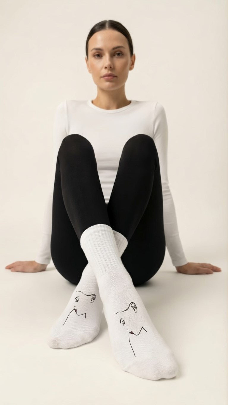 Unisex Beyaz Uzun Çorap Kadın Figürlü - Nefes Alan Pamuklu-Koku Oluşumunu Azaltmaya Yardımcı 6’lI 