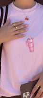 Kadın Oversize Tişört Pink Tumbler Baskılı Pembe – Bisiklet Yaka, Rahat Kalıp, %100 Pamuk