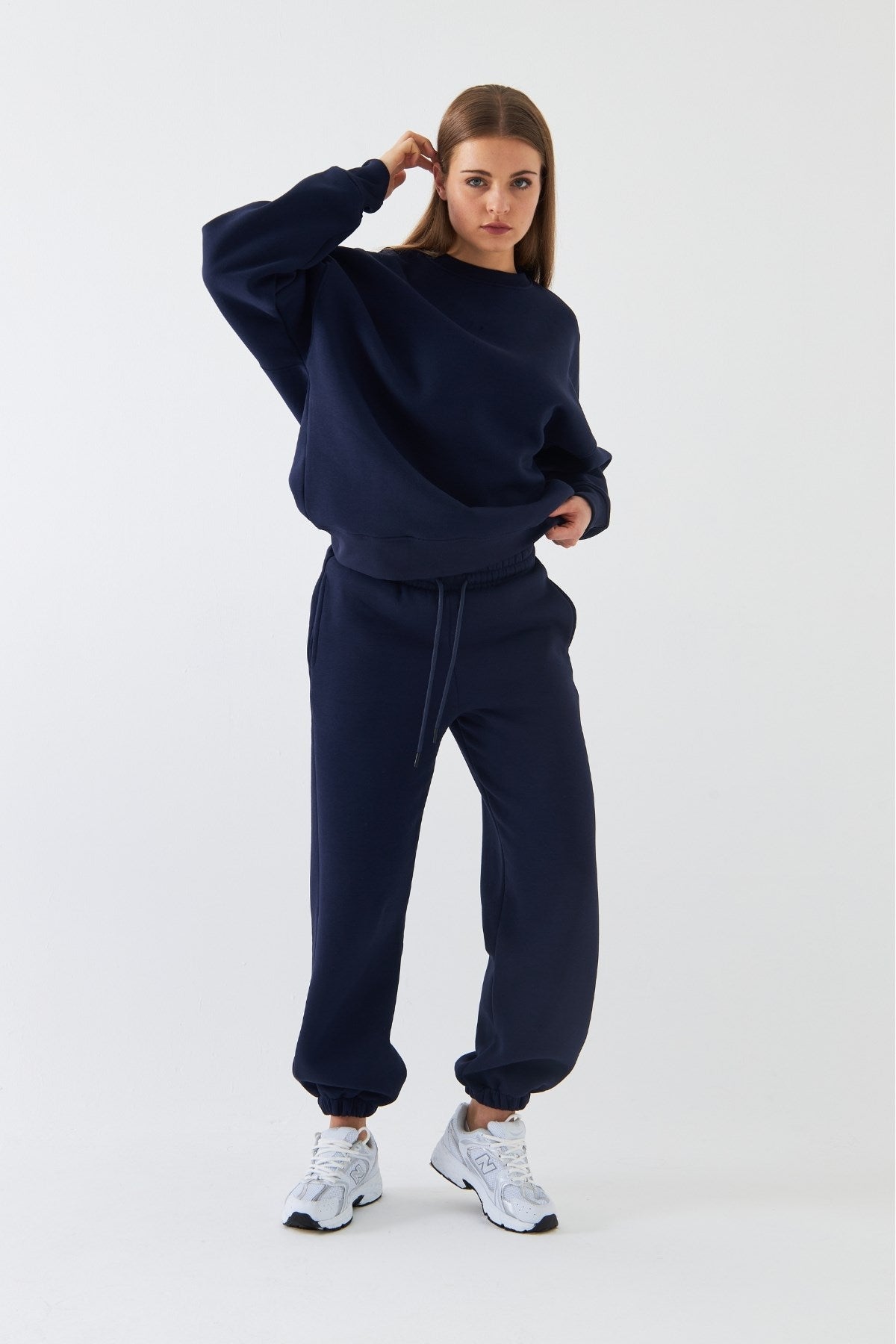 Unisex Oversize Eşofman Takımı Basic Lacivert – Bisiklet Yaka, Lastikli Paça, 3 İplik Şardonlu Polar