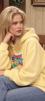 Kadın Oversize Hoodie Back To The 90’s Baskılı Sarı - Kapüşonlu, Kanguru Cepli, 3 İplik Polar