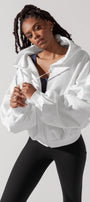 Kadın Beyaz Kapüşonlu Sweatshirt – Fermuarlı 3 İplik Şardonlu Oversize Spor Stil