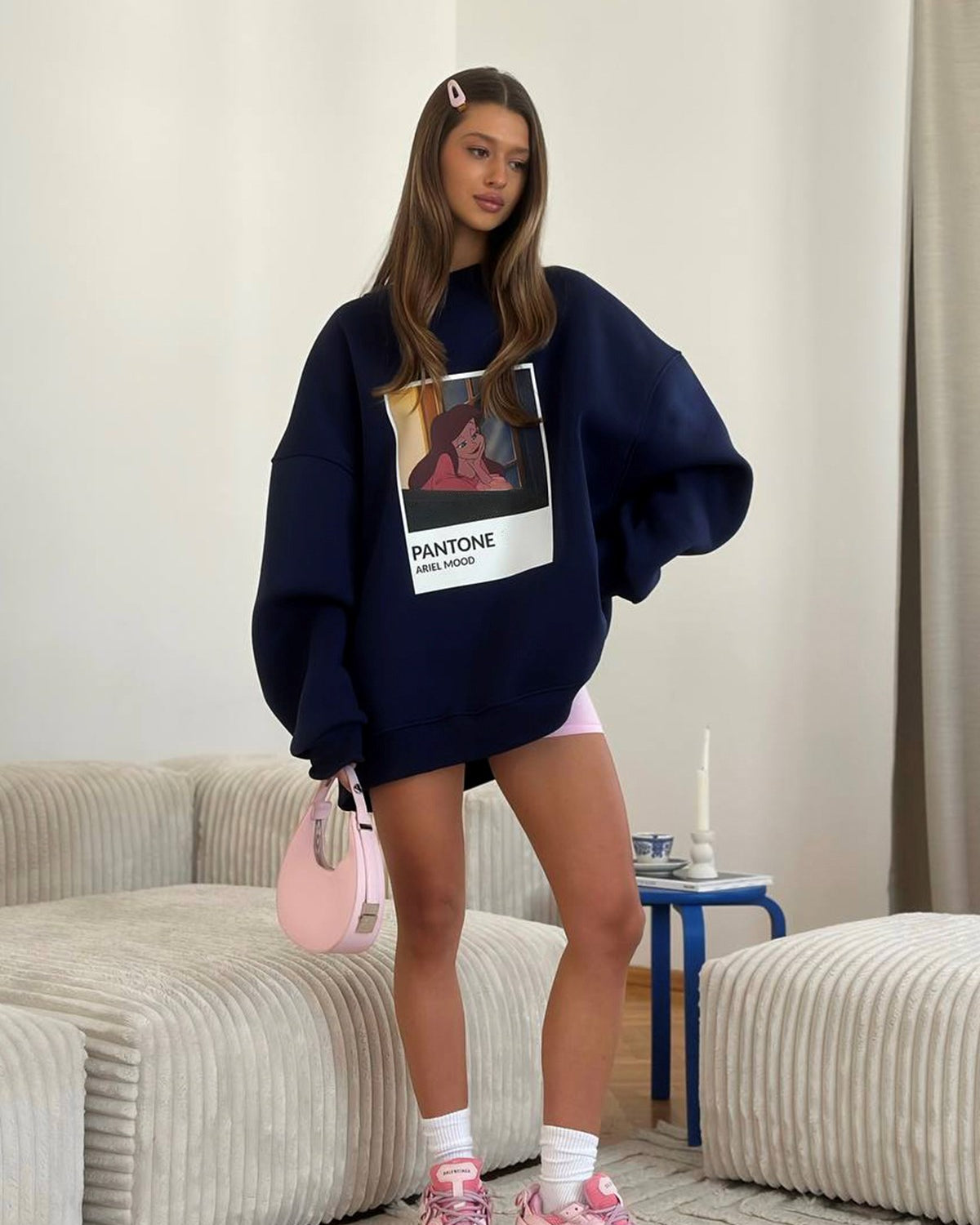 Kadın Oversize Sweat Elbise Lacivert – 3 İplik Şardonlu , Bisiklet Yaka, Pantone - prenses baskılı