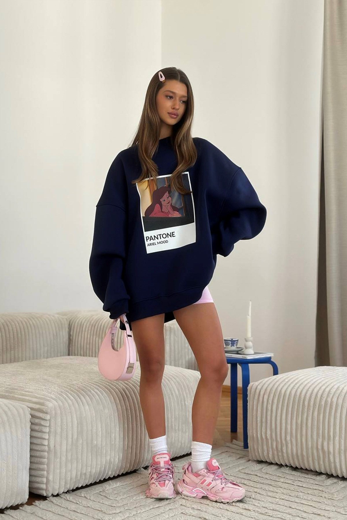 Kadın Oversize Sweat Elbise Lacivert – 3 İplik Şardonlu , Bisiklet Yaka, Pantone - prenses baskılı