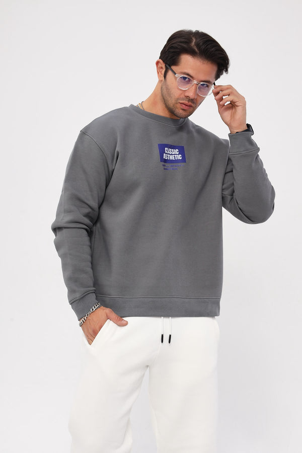 Bisiklet Yaka İçi Polar Classic Atlethic Yazı Baskılı Füme Oversize Sweatshirt