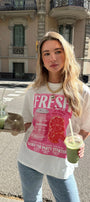 Kadın Oversize Tişört Fresh Spark Baskılı Beyaz – Bisiklet Yaka, %100 Pamuk Compact Süprem 24/1