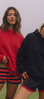Unisex 2’li Oversize Basic Hoodie Siyah & Kırmızı – Kapüşonlu, Cepli, 3 İplik Şardonlu Polar