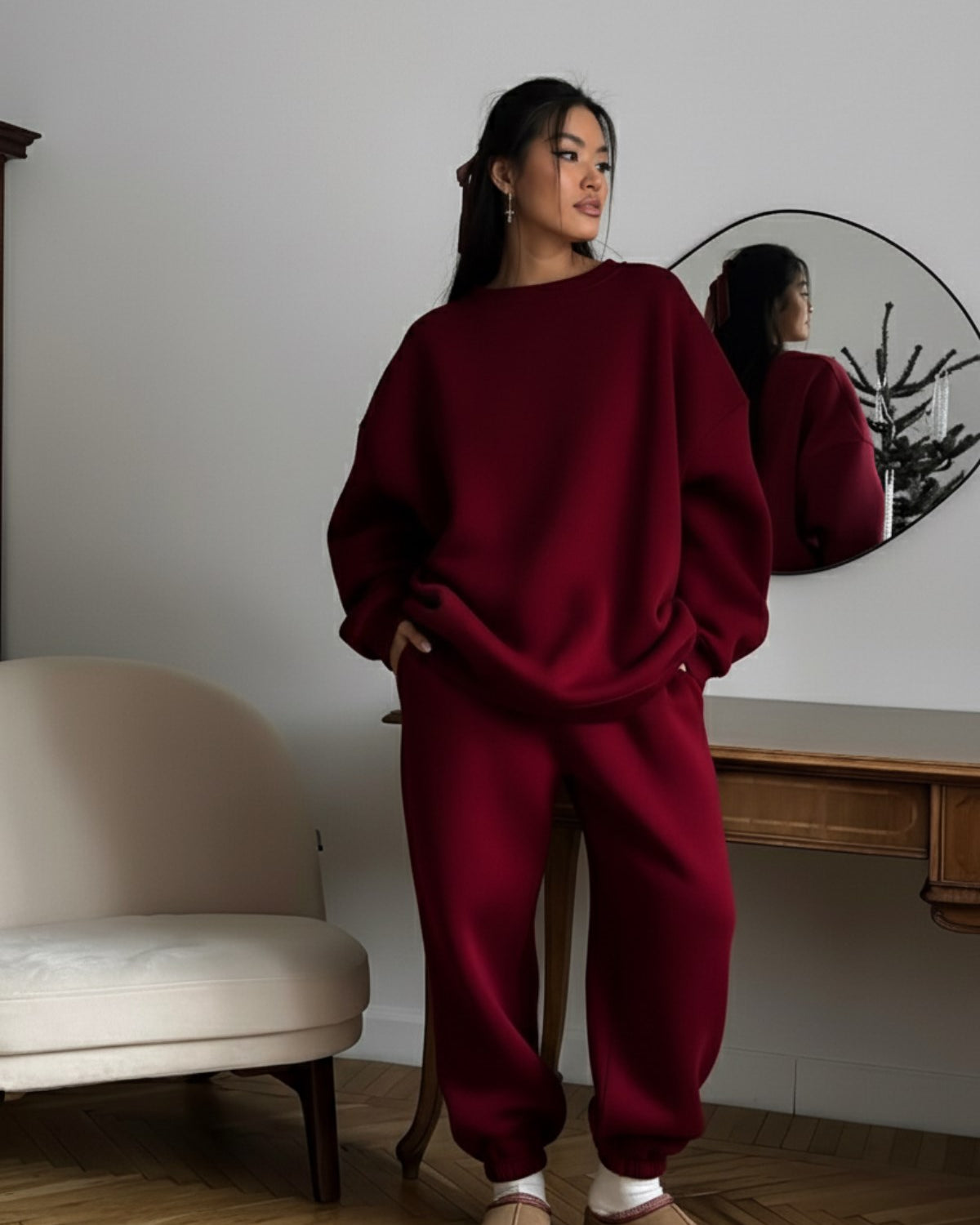 Kadın Oversize Sweat Elbise Eşofman Takımı Basic Bordo – Bisiklet Yaka, Lastikli Paça, 3 İplik Polar