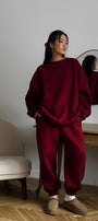 Kadın Oversize Sweat Elbise Eşofman Takımı Basic Bordo – Bisiklet Yaka, Lastikli Paça, 3 İplik Polar