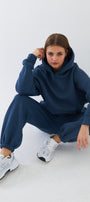 Oversize Unisex Sweatshirt Hoodie Marine – Kapüşonlu, 3 İplik Şardonlu Polar, Kanguru Cepli, Basic