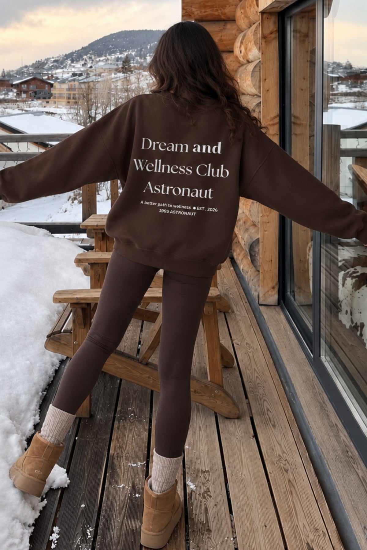 Kadın Oversize Sweatshirt Wellness Baskılı Kahverengi – Bisiklet Yaka, 3 İplik Şardonlu Polar