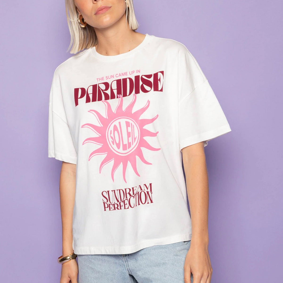 Kadın Oversize Tişört Paradise Sundream Baskılı Beyaz – Bisiklet Yaka, %100 Pamuk Compact Süprem 24/1