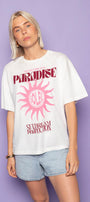 Kadın Oversize Tişört Paradise Sundream Baskılı Beyaz – Bisiklet Yaka, %100 Pamuk Compact Süprem 24/1