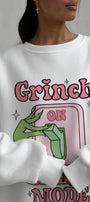 Kadın Oversize Sweatshirt Elbise Grinch Mode Baskılı Beyaz – Bisiklet Yaka, 3 İplik Şardonlu Polar