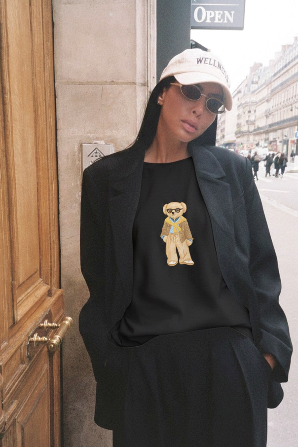 Kadın Oversize Tişört Léo Bear Baskılı Siyah – %100 Pamuk Compact Süprem 24/1