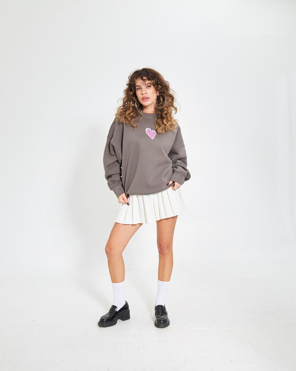 Füme Bisiklet Yaka Kadın No Fear Ön ve Baskılı Oversize Sweatshirt