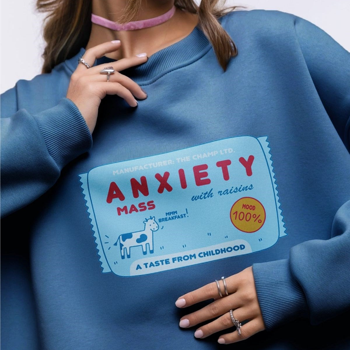 Kadın Oversize Sweatshirt Elbise Anxiety Bar Baskılı Marine – Bisiklet Yaka, 3 İplik Şardonlu Polar