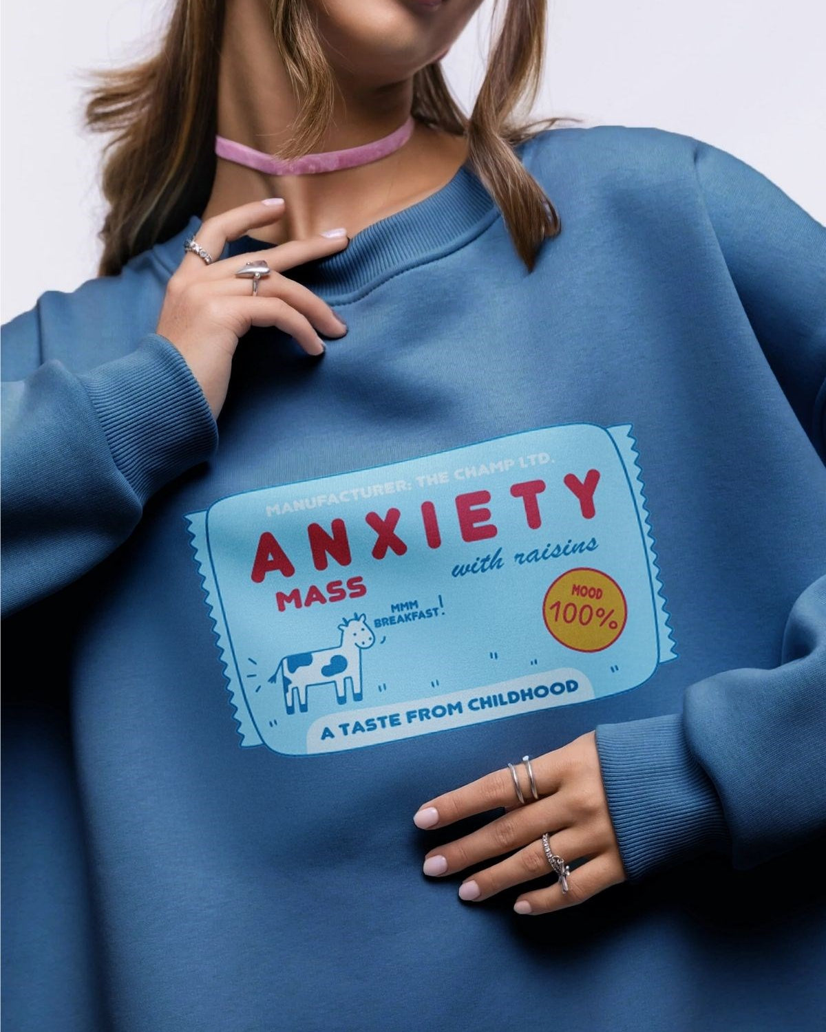 Kadın Oversize Sweatshirt Elbise Anxiety Bar Baskılı Marine – Bisiklet Yaka, 3 İplik Şardonlu Polar