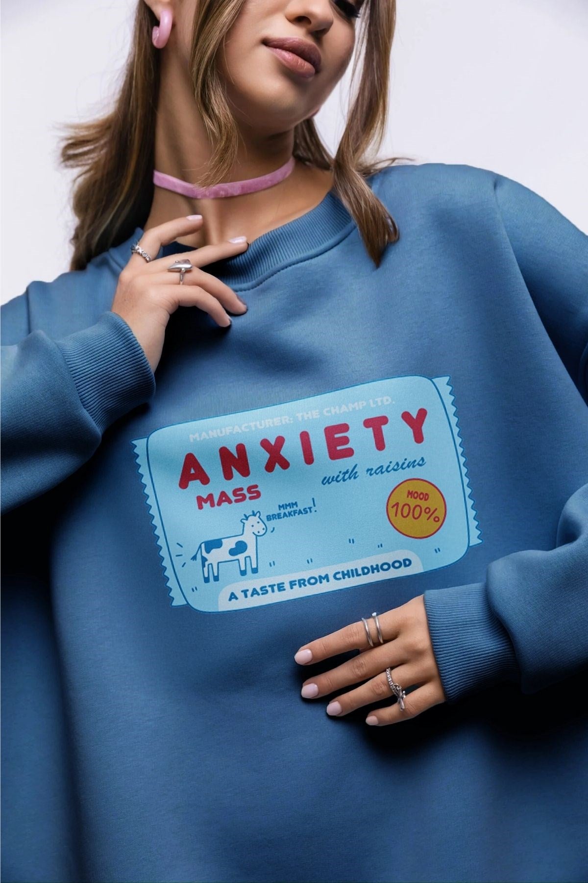 Kadın Oversize Sweatshirt Elbise Anxiety Bar Baskılı Marine – Bisiklet Yaka, 3 İplik Şardonlu Polar