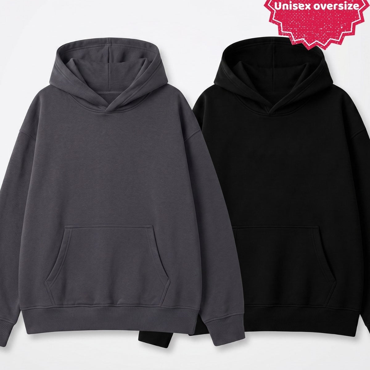 Unisex 2’li Oversize Basic Hoodie Siyah & Füme – Kapüşonlu, Cepli, 3 İplik Şardonlu Polar