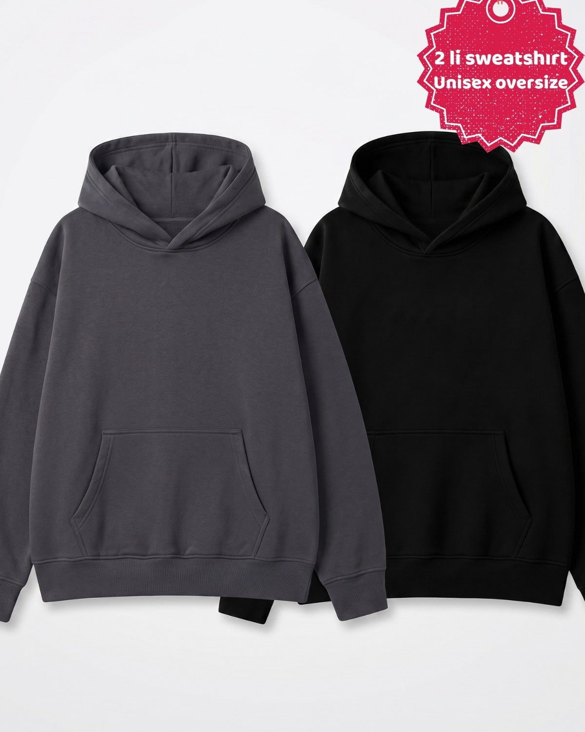 Unisex 2’li Oversize Basic Hoodie Siyah & Füme – Kapüşonlu, Cepli, 3 İplik Şardonlu Polar