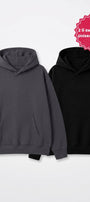 Unisex 2’li Oversize Basic Hoodie Siyah & Füme – Kapüşonlu, Cepli, 3 İplik Şardonlu Polar