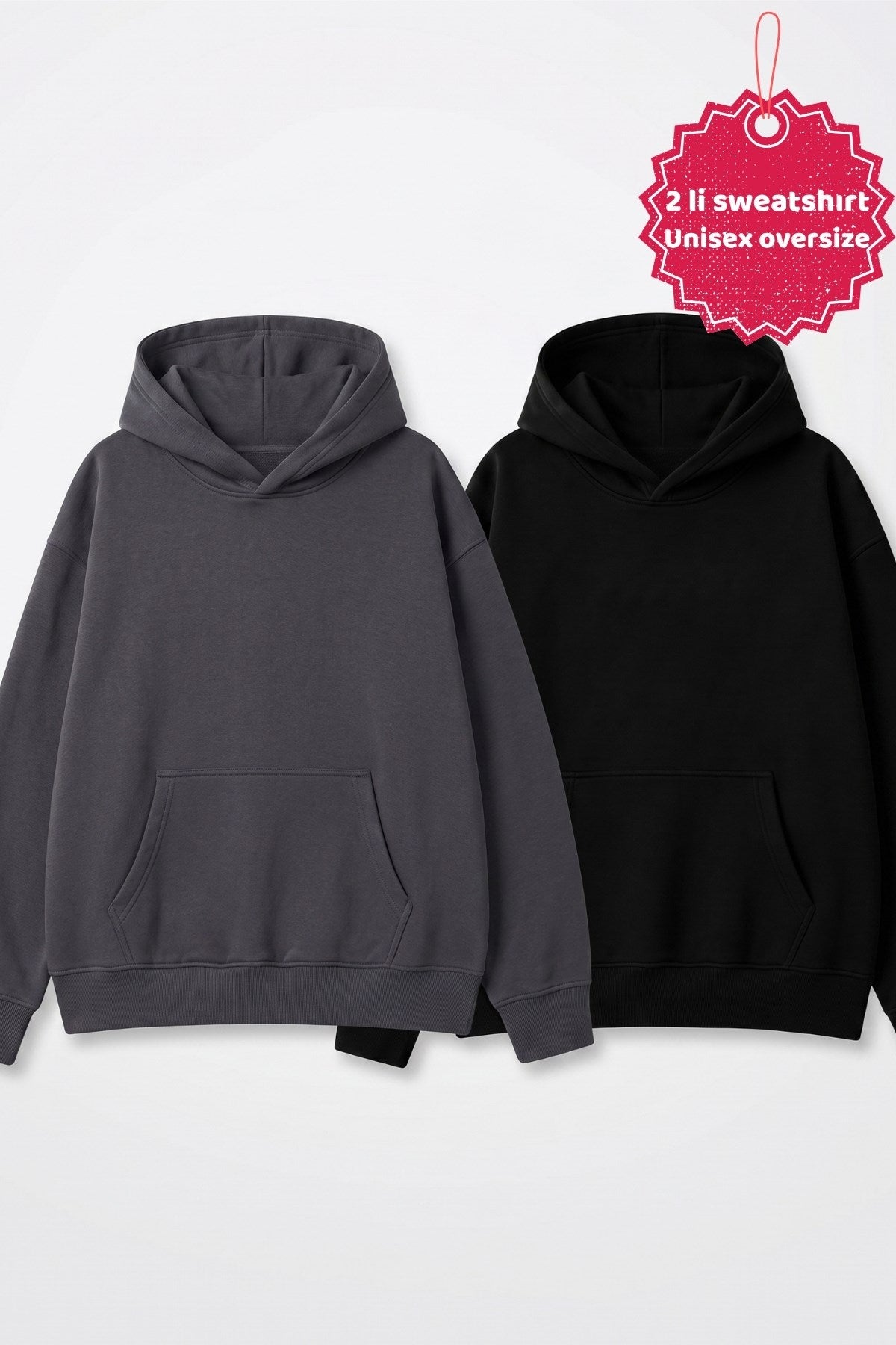 Unisex 2’li Oversize Basic Hoodie Siyah & Füme – Kapüşonlu, Cepli, 3 İplik Şardonlu Polar