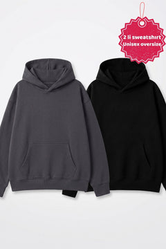 Unisex 2’li Oversize Basic Hoodie Siyah & Füme – Kapüşonlu, Cepli, 3 İplik Şardonlu Polar
