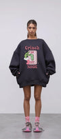 Kadın Oversize Sweatshirt Elbise Grinch Mode Baskılı Füme – Bisiklet Yaka, 3 İplik Şardonlu Polar