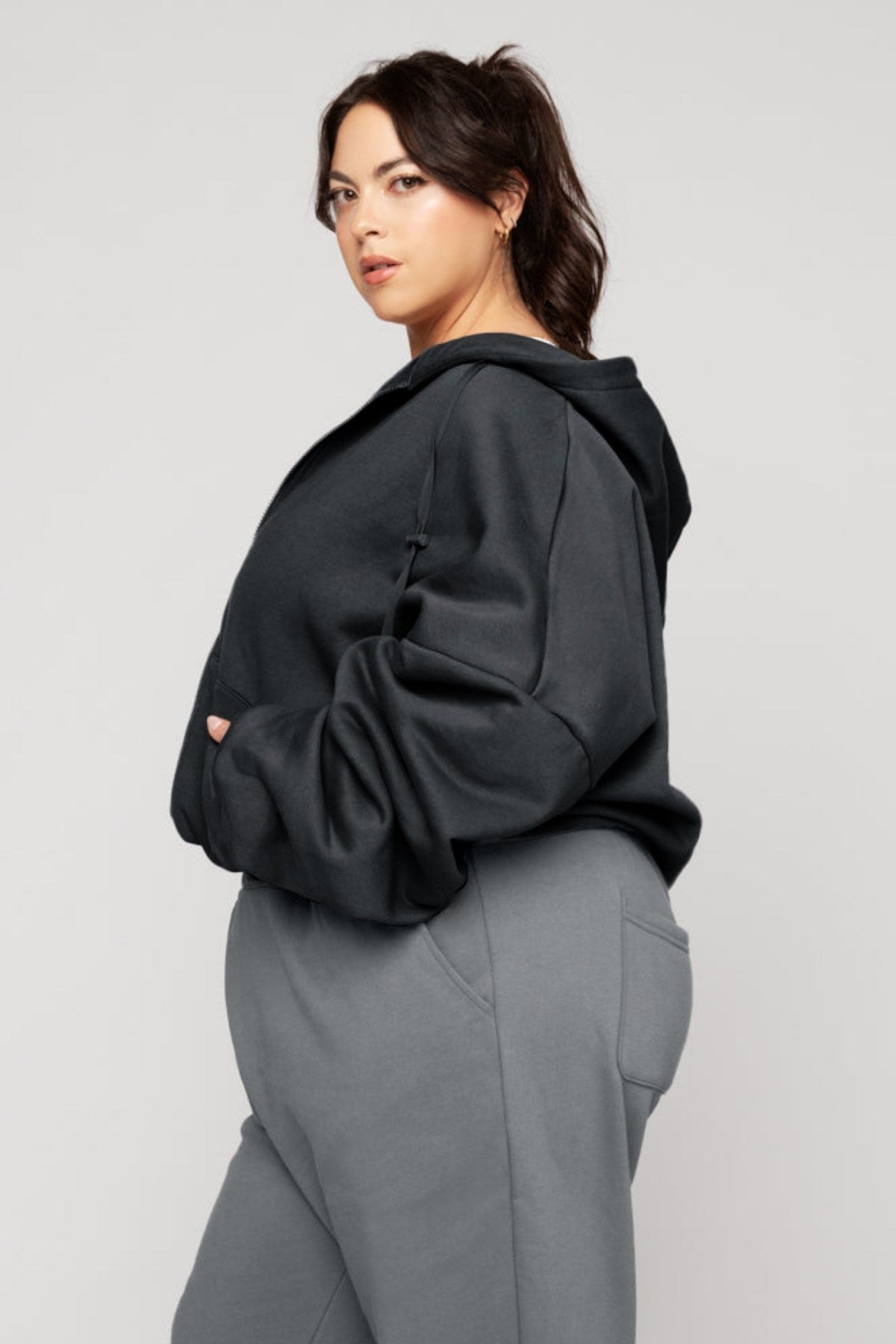 Kadın Füme Kapüşonlu Sweatshirt Fermuarlı 3 İplik Şardonlu Oversize Kesim