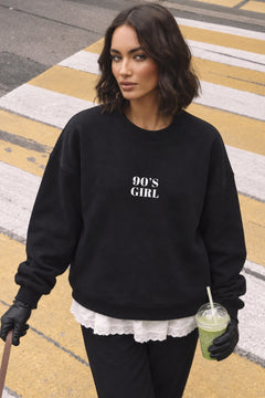 Kadın Oversize Sweatshirt 90’s Girl Baskılı Siyah – Bisiklet Yaka, 3 İplik Şardonlu Polar