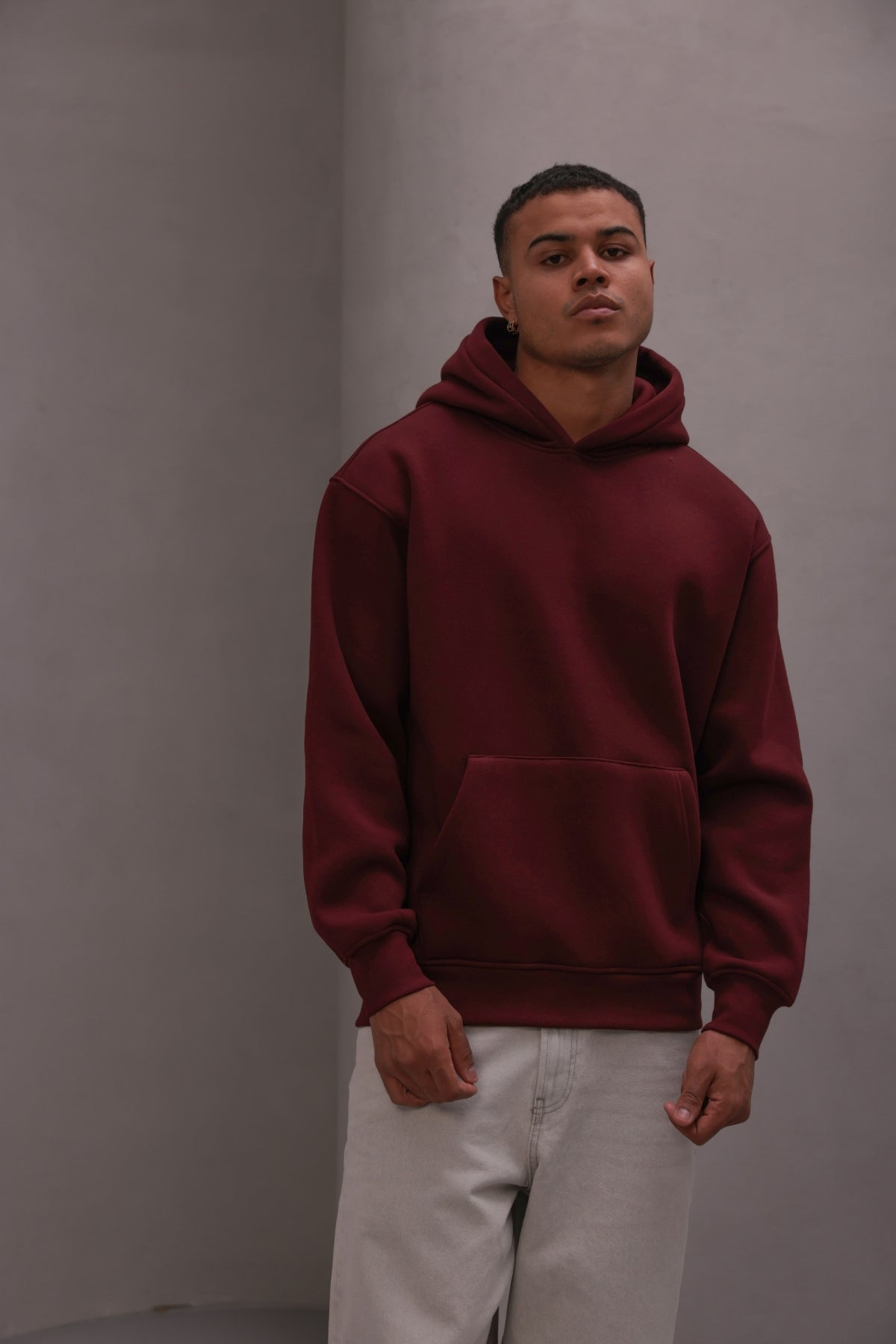 Erkek Oversize Sweatshirt Hoodie Basic Bordo – Kapüşonlu, 3 İplik Polar, Kanguru Cepli