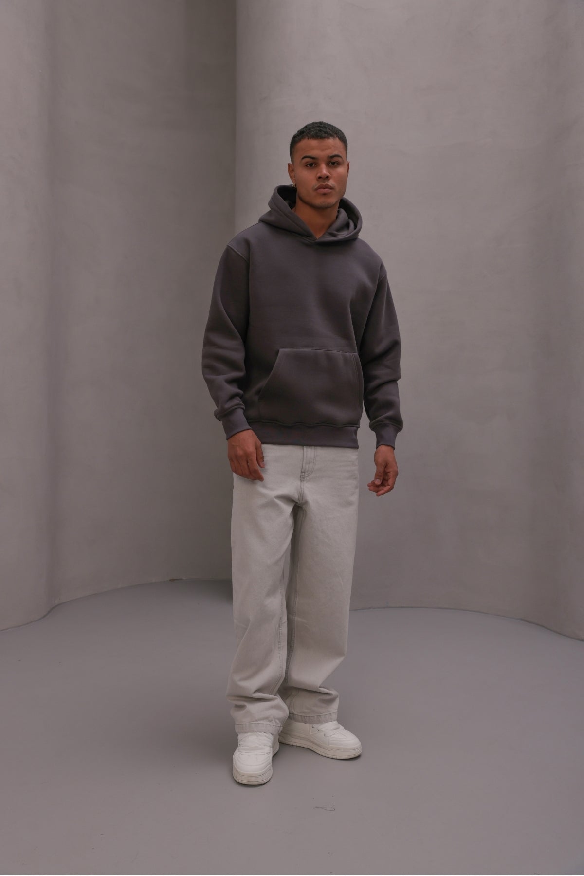 Erkek Oversize Sweatshirt Hoodie Basic Füme – Kapüşonlu, 3 İplik Polar, Kanguru Cepli