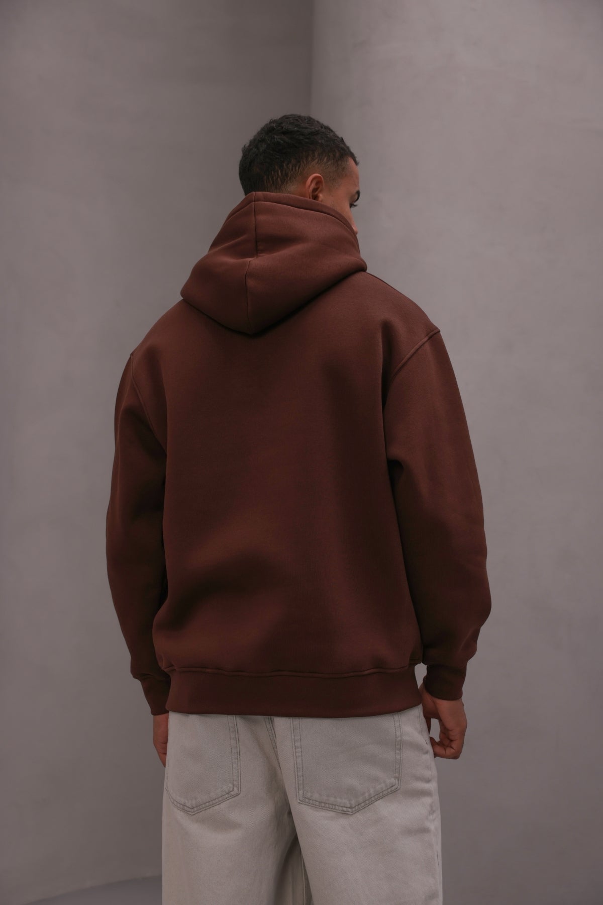 Erkek Oversize Sweatshirt Hoodie Basic Kahverengi – Kapüşonlu, 3 İplik , Kanguru Cepli