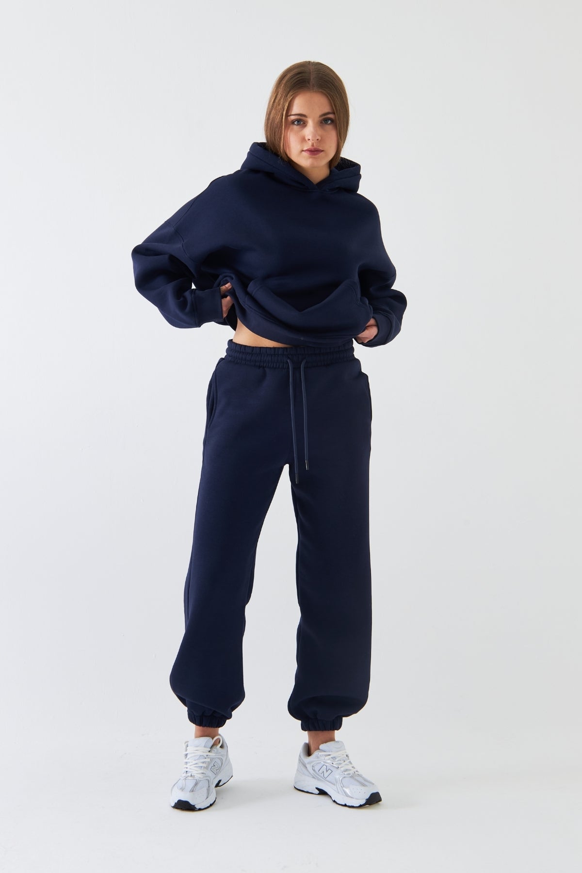 Oversize Unisex Eşofman Takımı Lacivert – Basic, 3 İplik Polar; Kapüşonlu Üst, Lastikli Alt