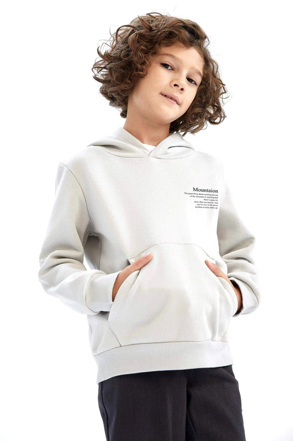 Beyaz Kapüşonlu İçi Polar Dağ Baskılı Unisex Çocuk Sweatshirt