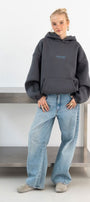 Kadın Oversize Sweatshirt Hoodie CHMP STUDIOS Füme – Kapüşonlu, 3 İplik Polar, Kanguru Cepli