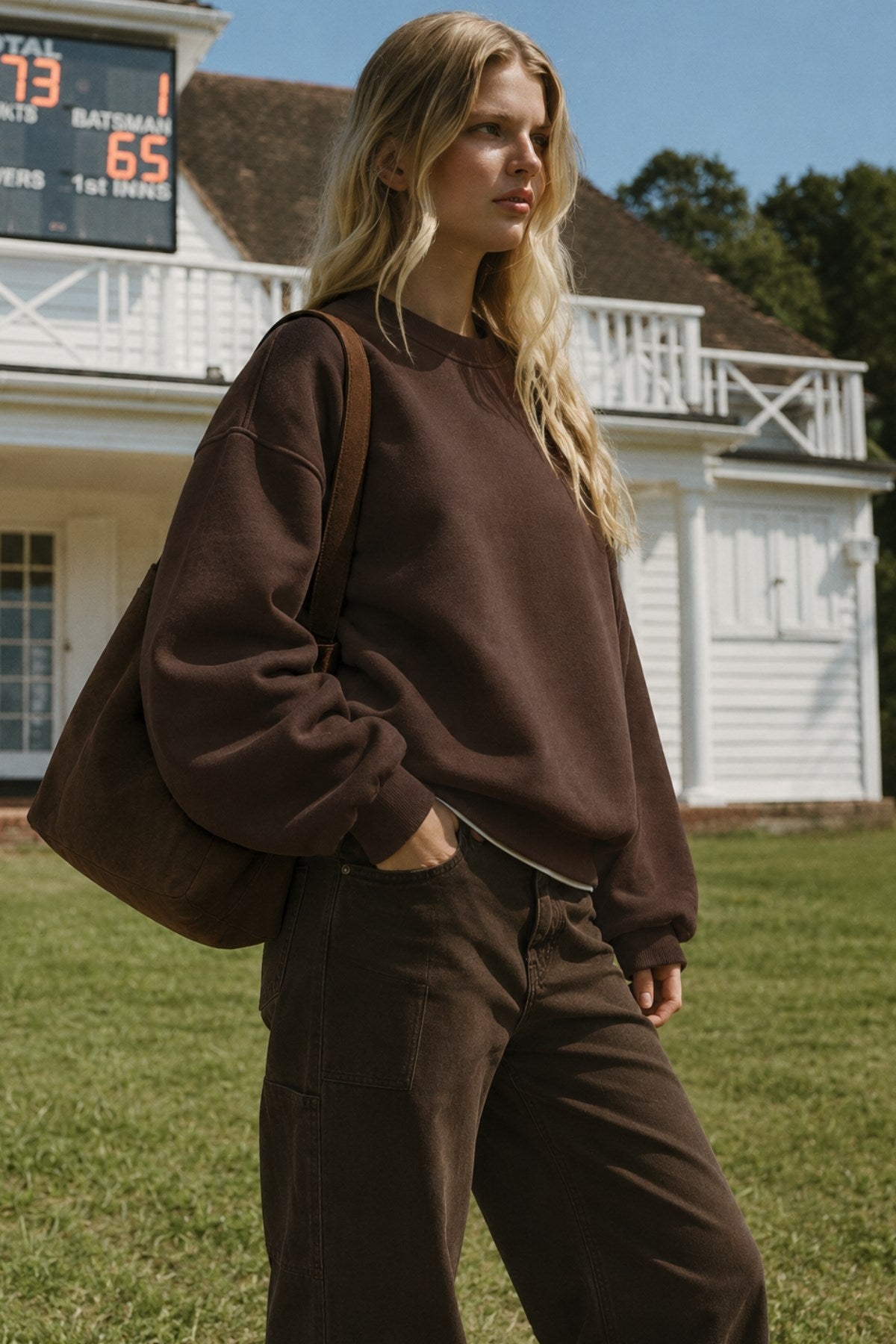 Kadın Oversize Sweatshirt Wellness Baskılı Kahverengi – Bisiklet Yaka, 3 İplik Şardonlu Polar