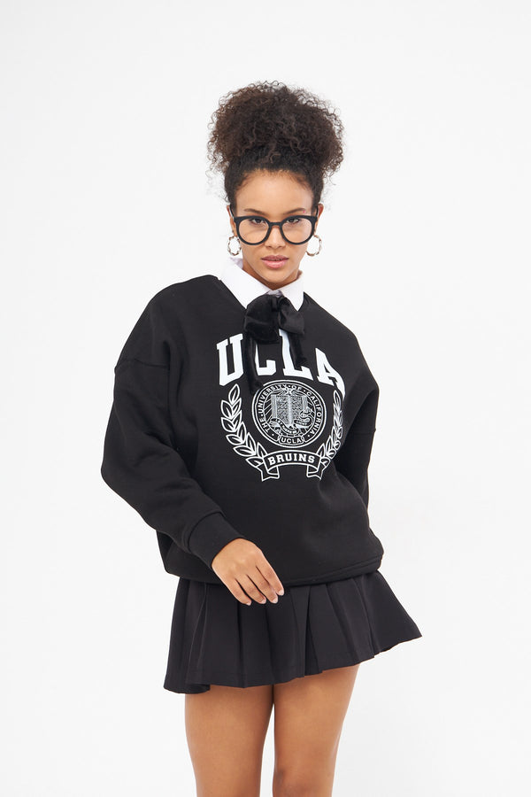 Ucla Yazı Baskılı Bisiklet Yaka İçi Polar Oversize Kesim Unisex Siyah Sweatshirt