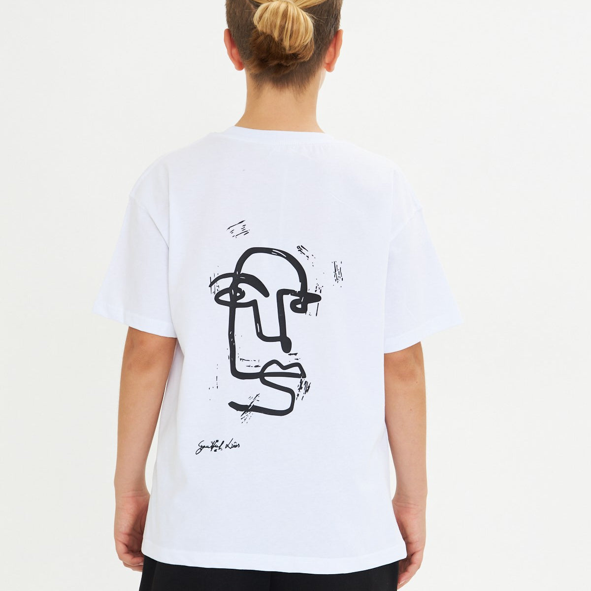 Arka Baskılı Minimalist Yüz Desenli %100 Pamuk Beyaz Oversize Unisex Çocuk Tişört