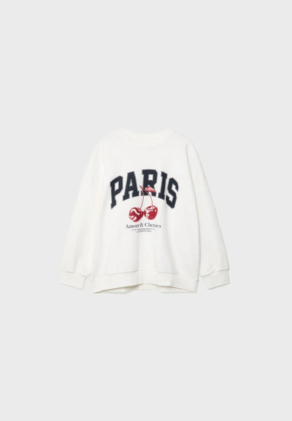 Bisiklet Yaka İçi Polar Paris Yazılı Kiraz Baskılı Beyaz Oversize Sweatshirt