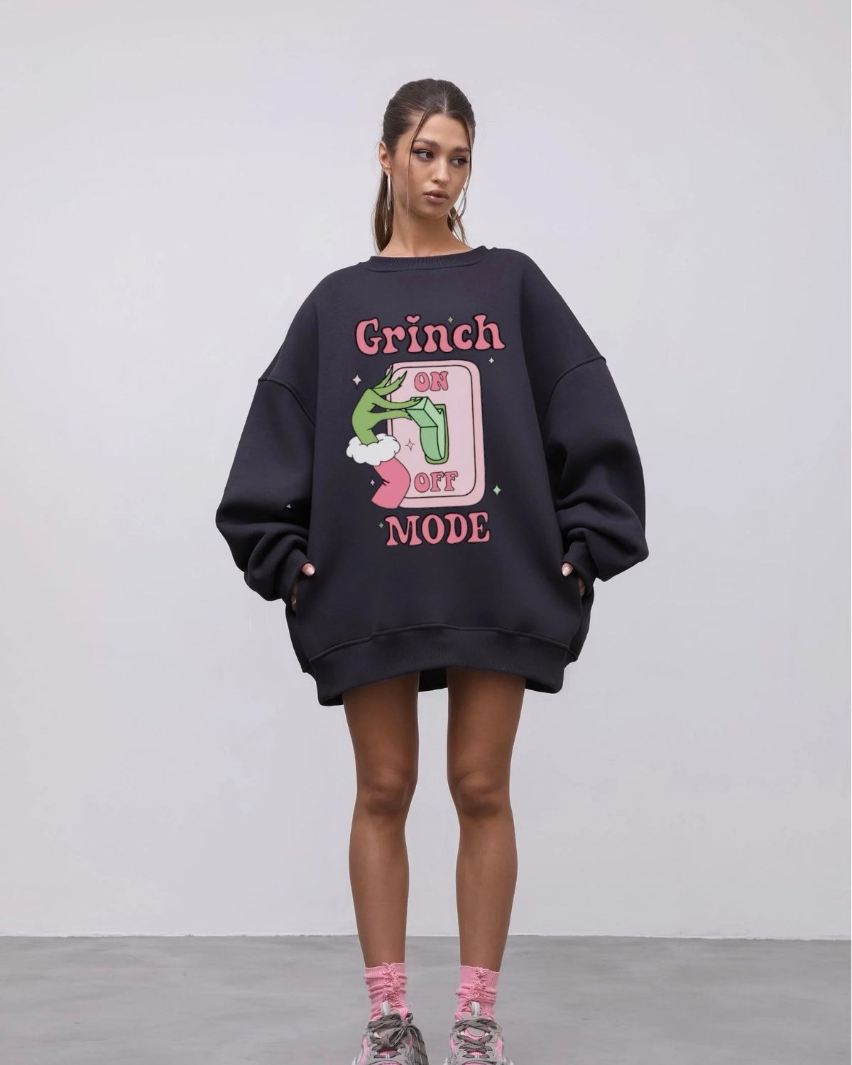Kadın Oversize Sweatshirt Elbise Grinch Mode Baskılı Füme – Bisiklet Yaka, 3 İplik Şardonlu Polar